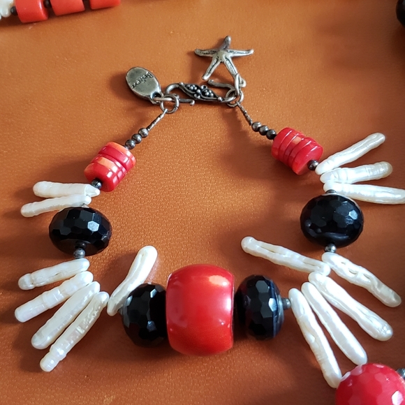 Biwa Pearl Coral and Jet Sterling Silver Set - Picture 2 of 4